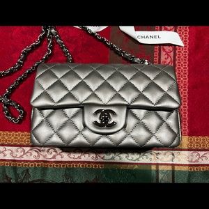 Charcoal/Silver Chanel Rectangular Mini Classic Flap with Ruthenium Hardware